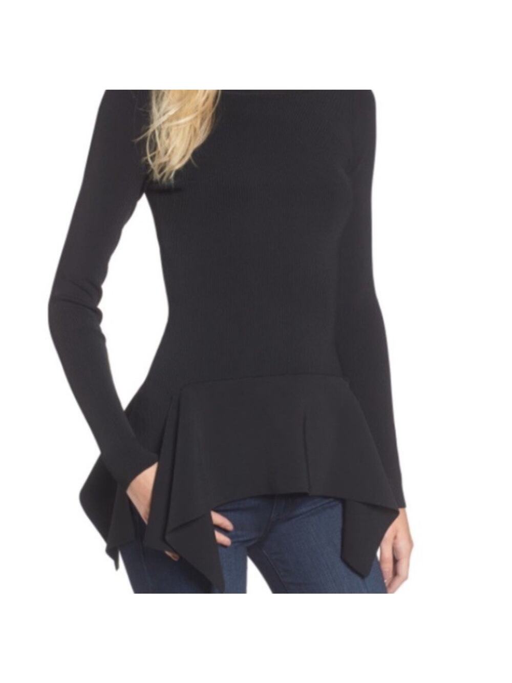 Trouvé Women Small Rib Knit Handkerchief Hem Peplum Top Black Long Sleeve Office